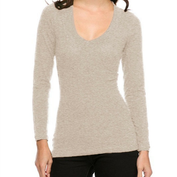 Tops - Heather beige plus size long sleeve v-neck solid casual Tee Shirt top